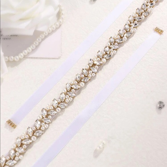 Rhinestone Crystal Belt Bride Wedding Sash White Decor Bridal Gold - Picture 3 of 5